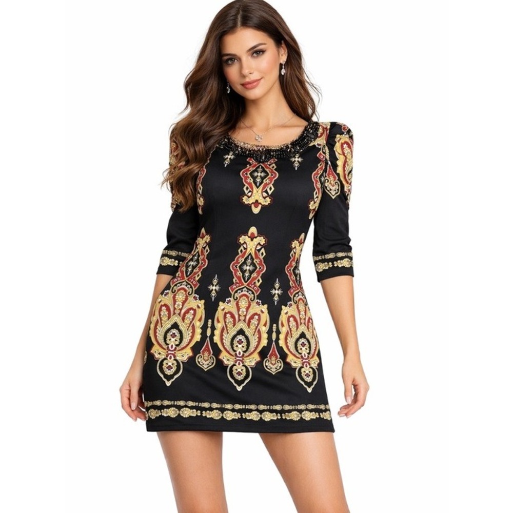 INC International Concepts Dress Womens Small Black Red Embellished‎ Mini Boho